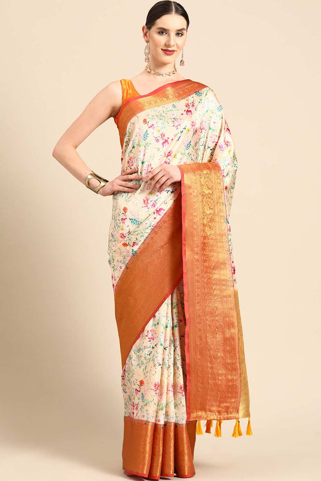 Orange Silk Printed Saree