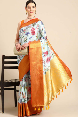 Sky Blue Silk Printed Saree