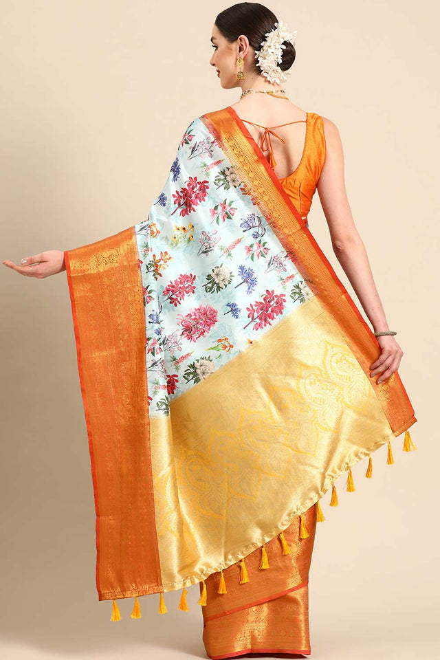 Sky Blue Silk Printed Saree