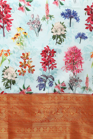 Sky Blue Silk Printed Saree
