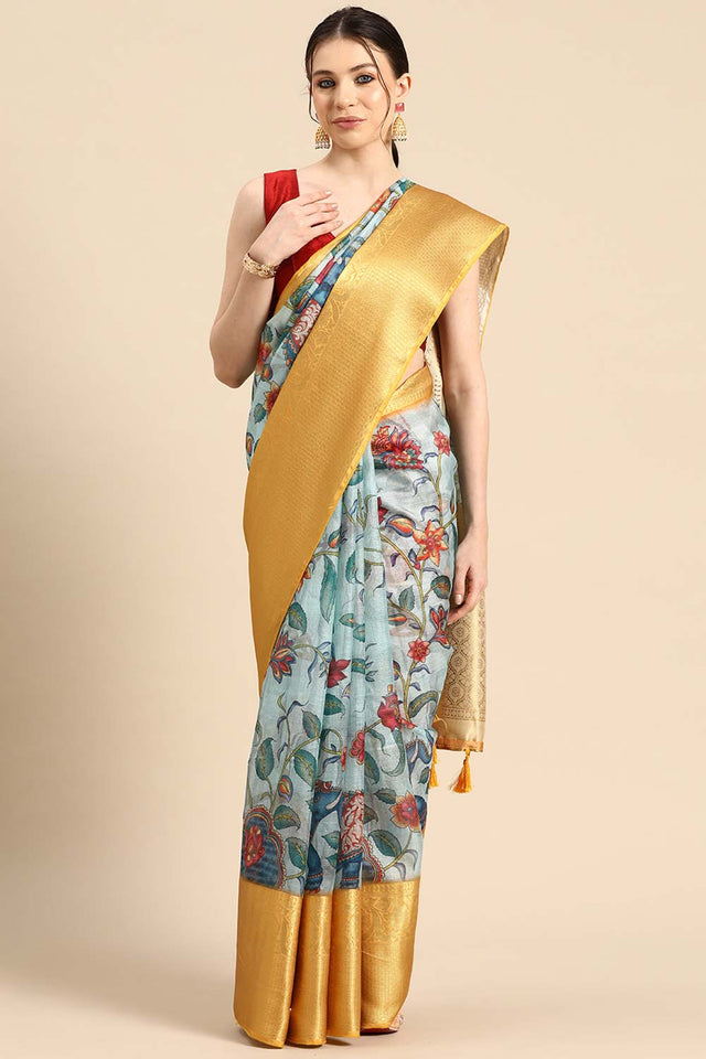 Sky Blue Muga Silk Floral Saree