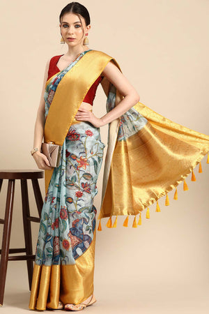 Sky Blue Muga Silk Floral Saree