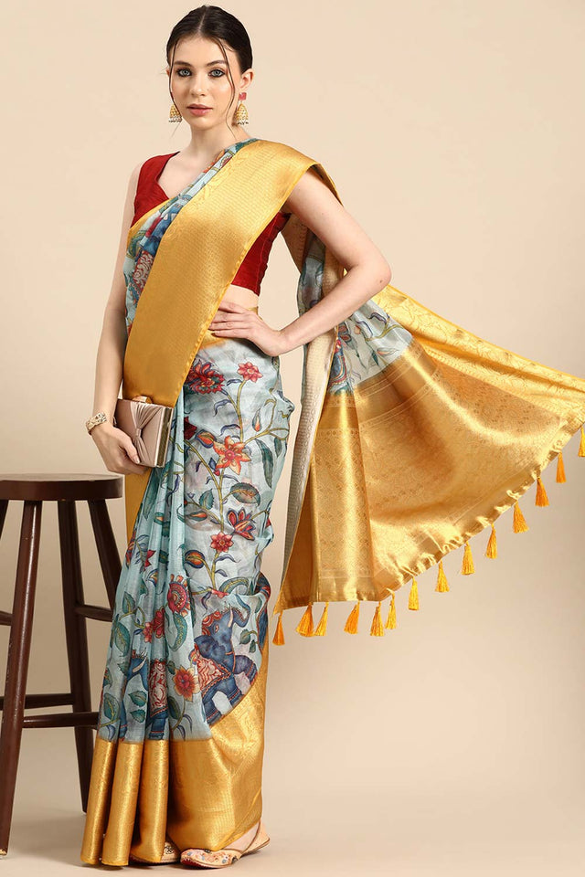 Sky Blue Muga Silk Floral Saree