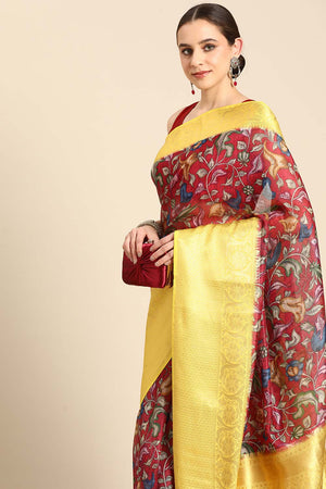 Maroon Pichwai Muga Silk Digital Print Saree With Unstitched Blouse Piece