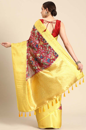 Maroon Pichwai Muga Silk Digital Print Saree With Unstitched Blouse Piece