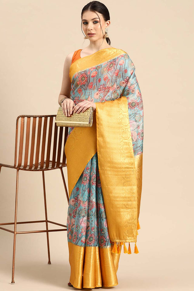 Teal Muga Silk Floral Saree