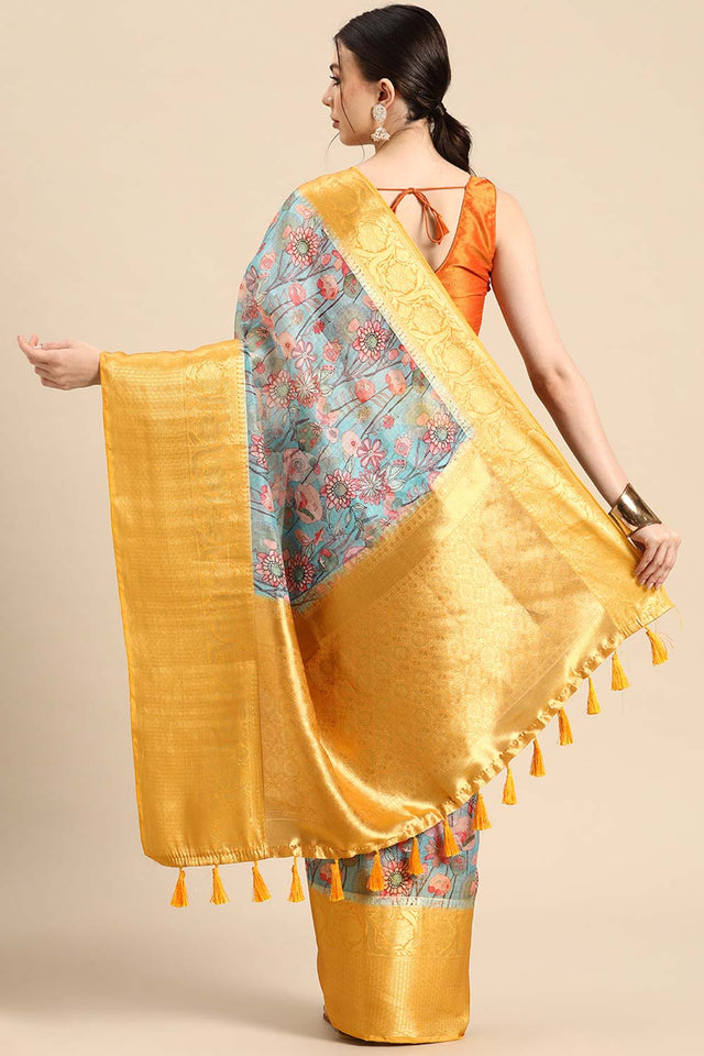 Teal Muga Silk Floral Saree