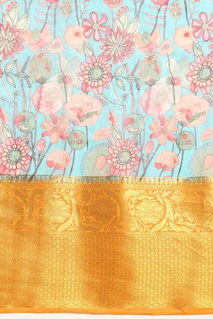 Teal Muga Silk Floral Saree