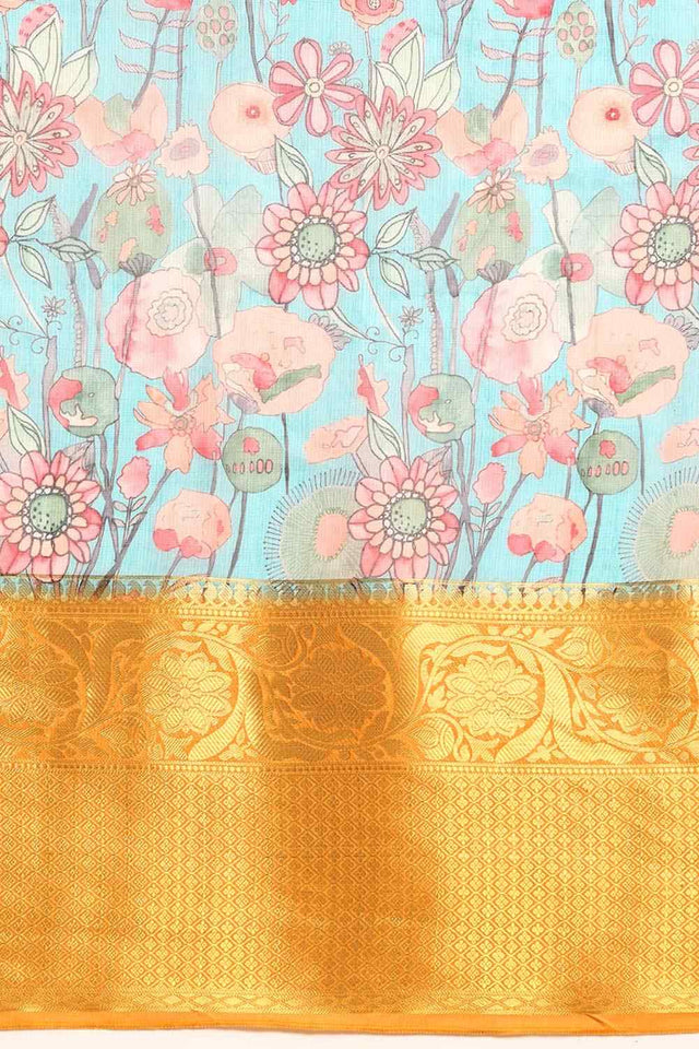 Teal Muga Silk Floral Saree