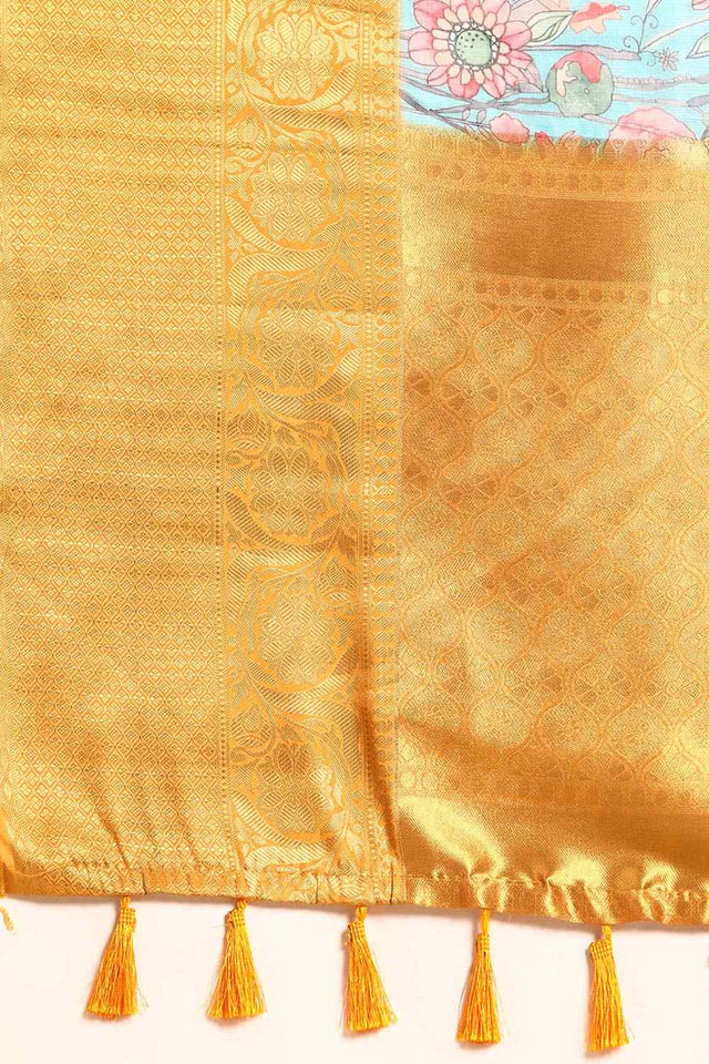 Teal Muga Silk Floral Saree