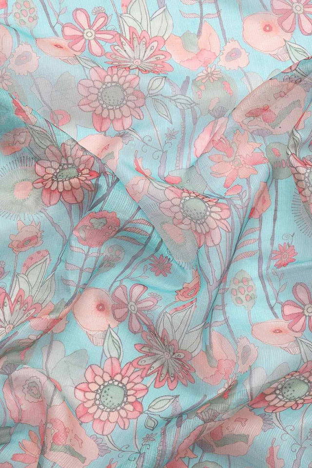 Teal Muga Silk Floral Saree