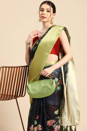 Navy Blue Muga Silk Floral Saree