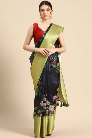 Navy Blue Muga Silk Floral Saree