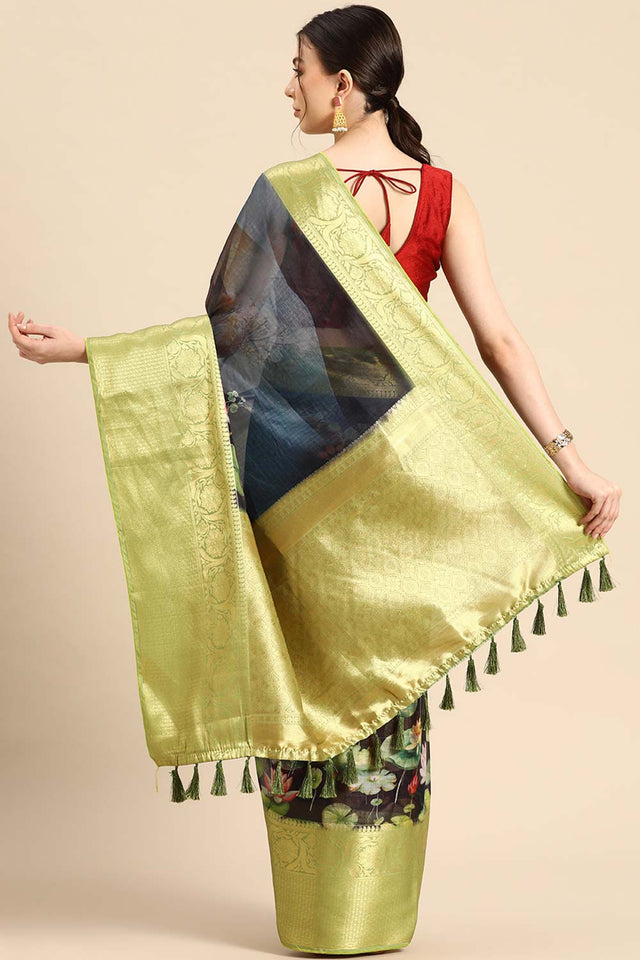 Navy Blue Muga Silk Floral Saree