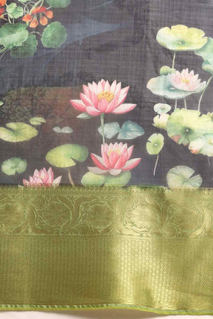 Navy Blue Muga Silk Floral Saree