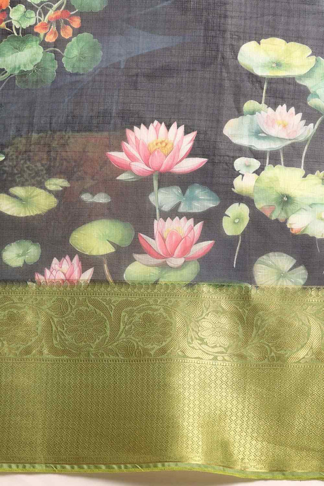 Navy Blue Muga Silk Floral Saree