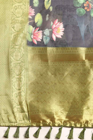 Navy Blue Muga Silk Floral Saree