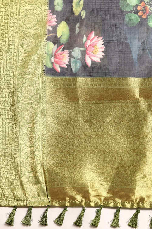 Navy Blue Muga Silk Floral Saree