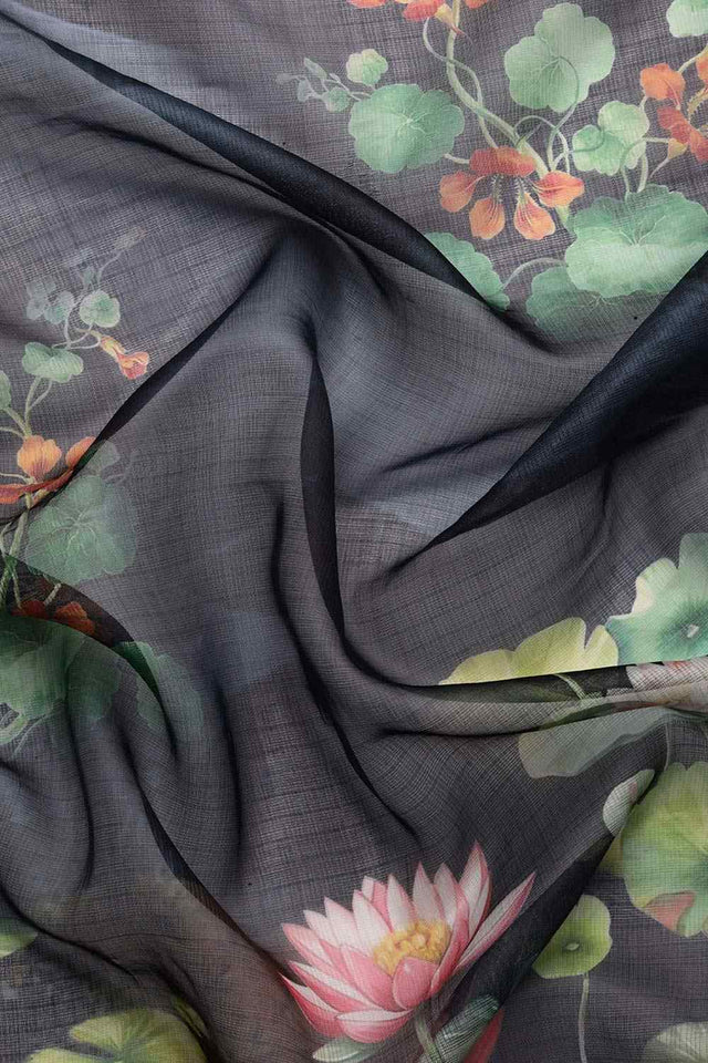 Navy Blue Muga Silk Floral Saree