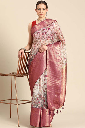 Beige Muga Silk Floral Saree