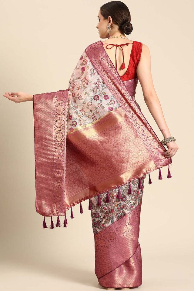 Beige Muga Silk Floral Saree