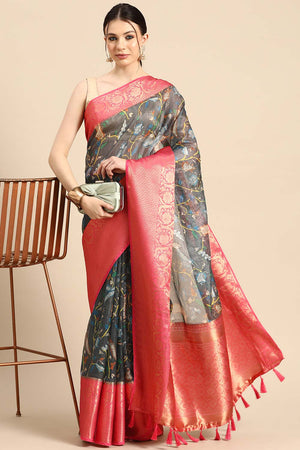 Grey Muga Silk Floral Saree