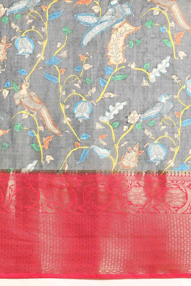 Grey Muga Silk Floral Saree