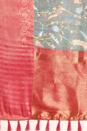 Grey Muga Silk Floral Saree
