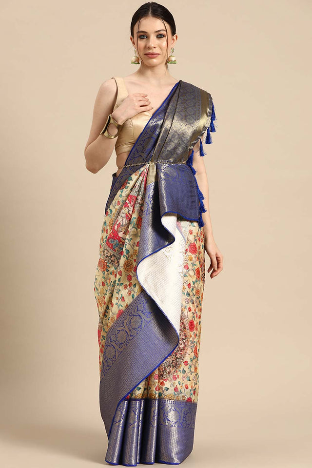 Beige Muga Silk Floral Saree