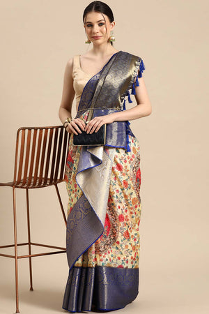 Beige Muga Silk Floral Saree