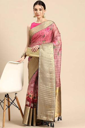 Beige Muga Silk Floral Saree