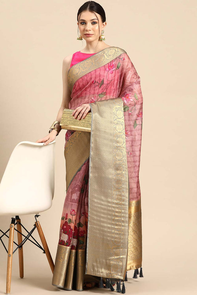 Beige Muga Silk Floral Saree