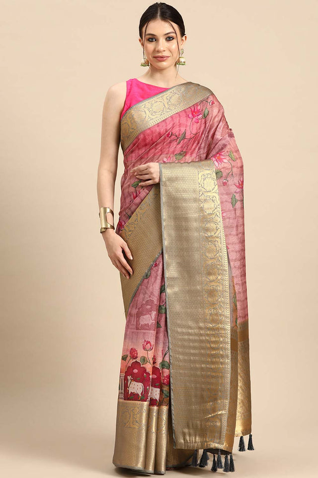 Beige Muga Silk Floral Saree