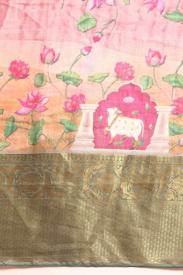 Beige Muga Silk Floral Saree