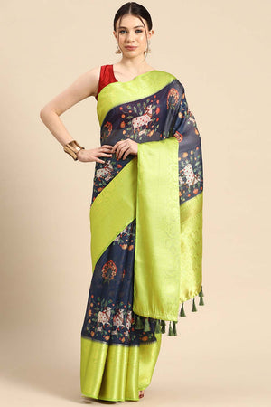 Navy Blue Muga Silk Animal Print Saree