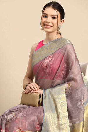 Rust Muga Silk Animal Print Saree