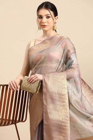 Grey Muga Silk Kalamkari Saree