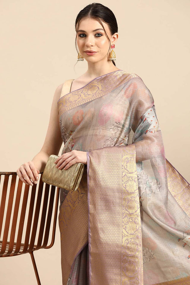 Grey Muga Silk Kalamkari Saree