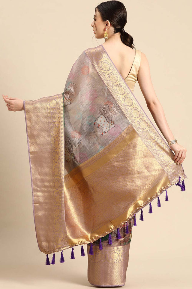 Grey Muga Silk Kalamkari Saree