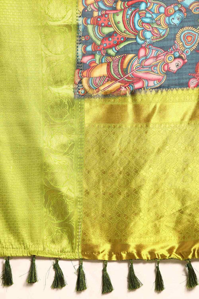 Navy Blue Muga Silk Kalamkari Saree