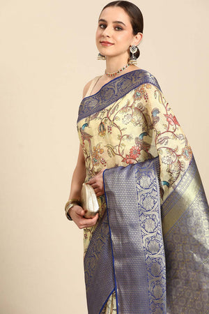 Beige Pichwai Muga Silk Digital Print Saree With Unstitched Blouse Piece