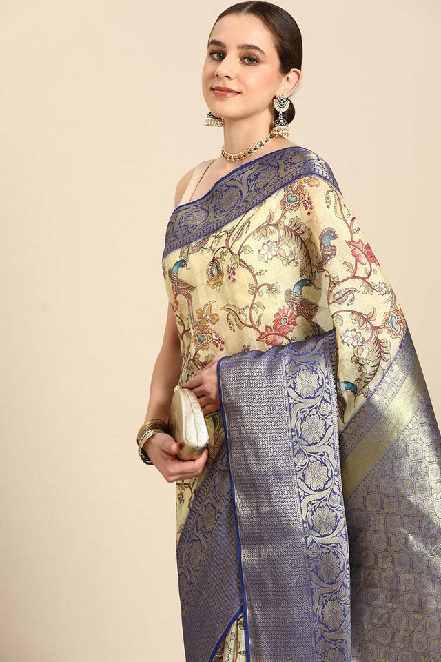 Beige Pichwai Muga Silk Digital Print Saree With Unstitched Blouse Piece