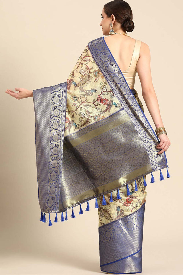 Beige Pichwai Muga Silk Digital Print Saree With Unstitched Blouse Piece