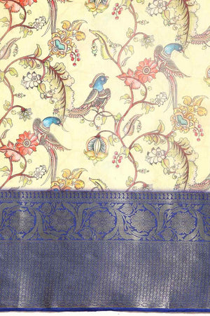 Beige Pichwai Muga Silk Digital Print Saree With Unstitched Blouse Piece