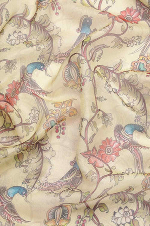 Beige Pichwai Muga Silk Digital Print Saree With Unstitched Blouse Piece