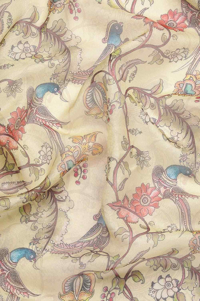 Beige Pichwai Muga Silk Digital Print Saree With Unstitched Blouse Piece