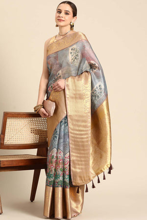 Grey Muga Silk Kalamkari Saree
