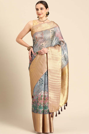 Grey Muga Silk Kalamkari Saree