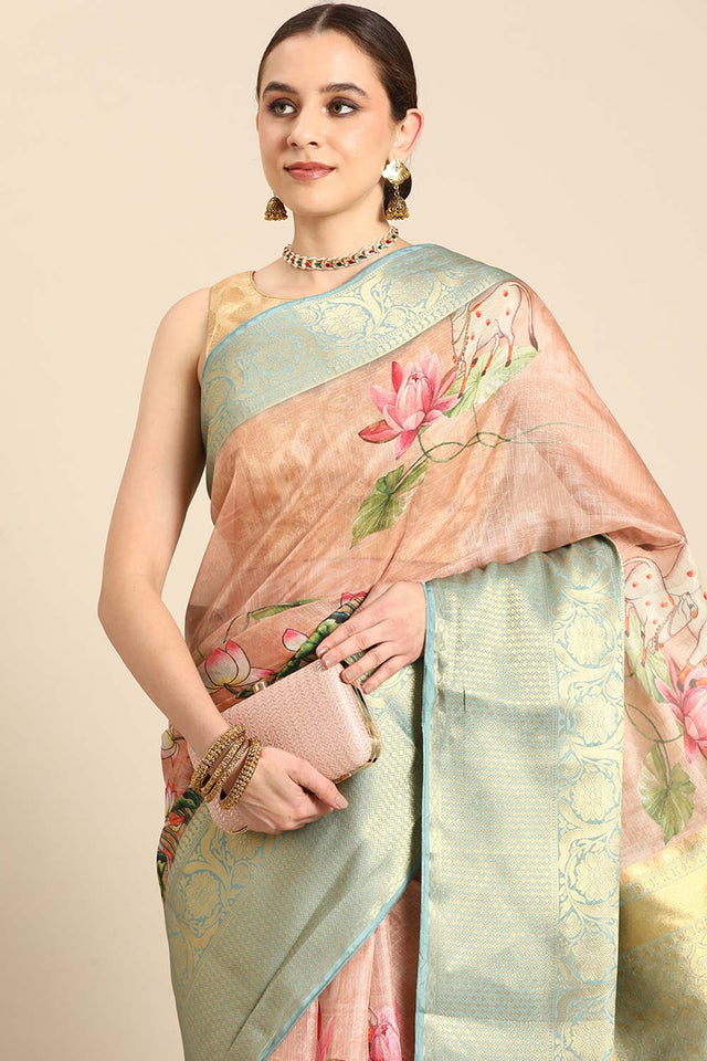 Peach Pichwai Muga Silk Digital Print Saree With Unstitched Blouse Piece (SZ-DGSAVI-1836)
