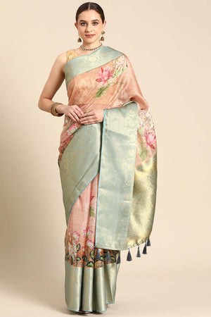 Peach Pichwai Muga Silk Digital Print Saree With Unstitched Blouse Piece (SZ-DGSAVI-1836)
